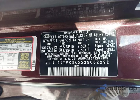 2016 Kia Sorento 3.3L Sx z USA, uszkodzony, nr VIN 5XYPKDA55GG002292